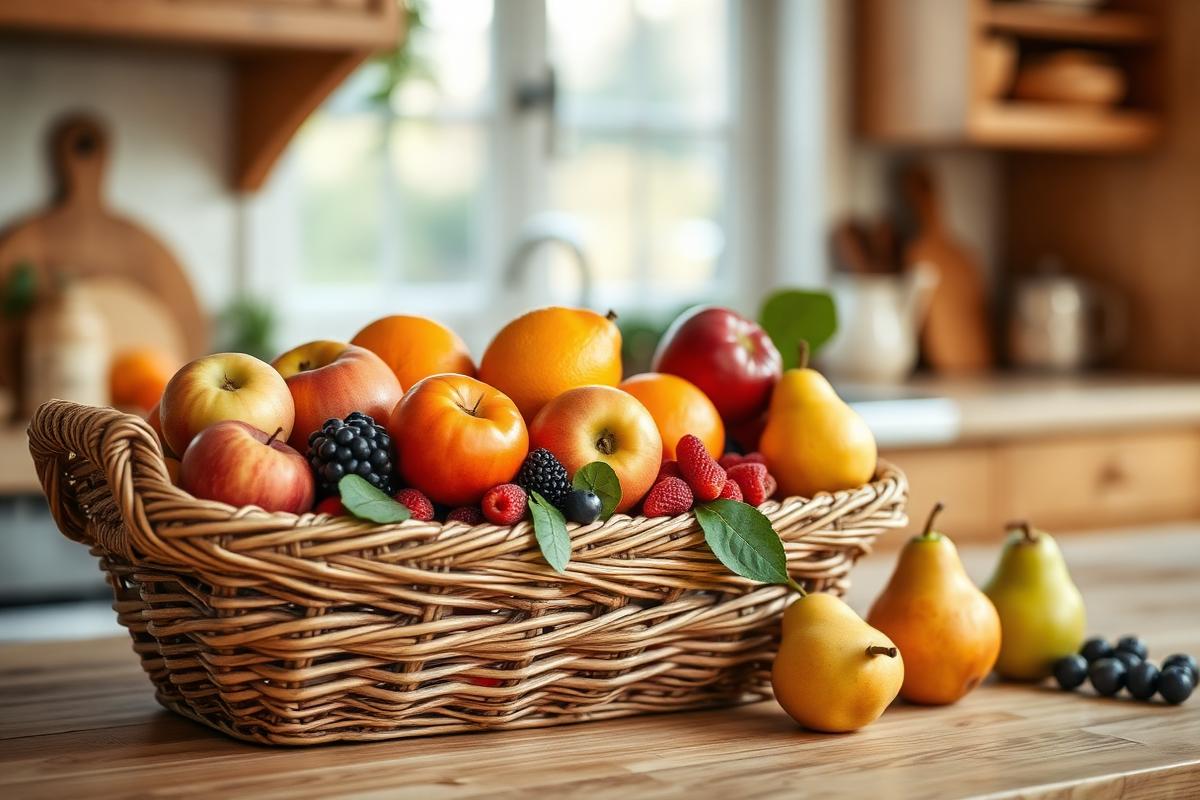 Fresh organic fruits in a woven basket