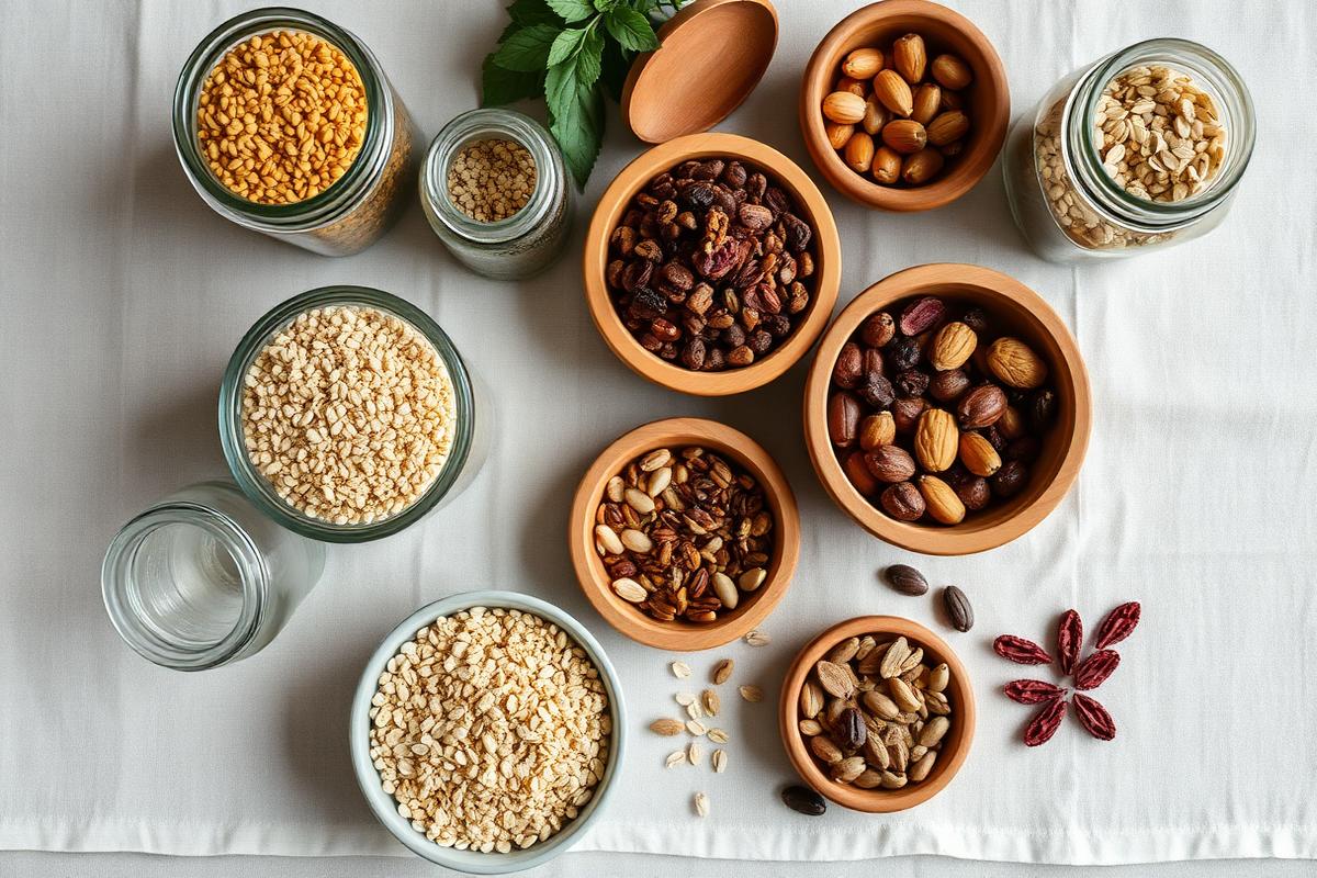 Organic pantry staples in glass jars